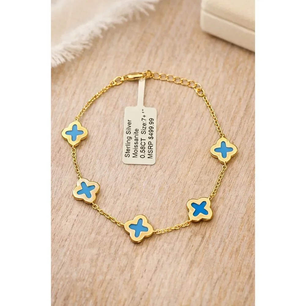 Stunning Gold Vermeil Blue Stone Clover Bracelet Moissanite Accents, Adjustable